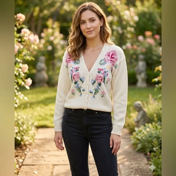 Take 50% OFF- Max Studio Cream Floral V-Neck Button-Up Cardigan, Size-S - Picture 1 of 13